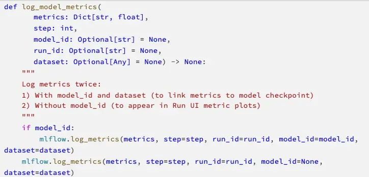 Schermafbeelding van code met de functie log_model_metrics.