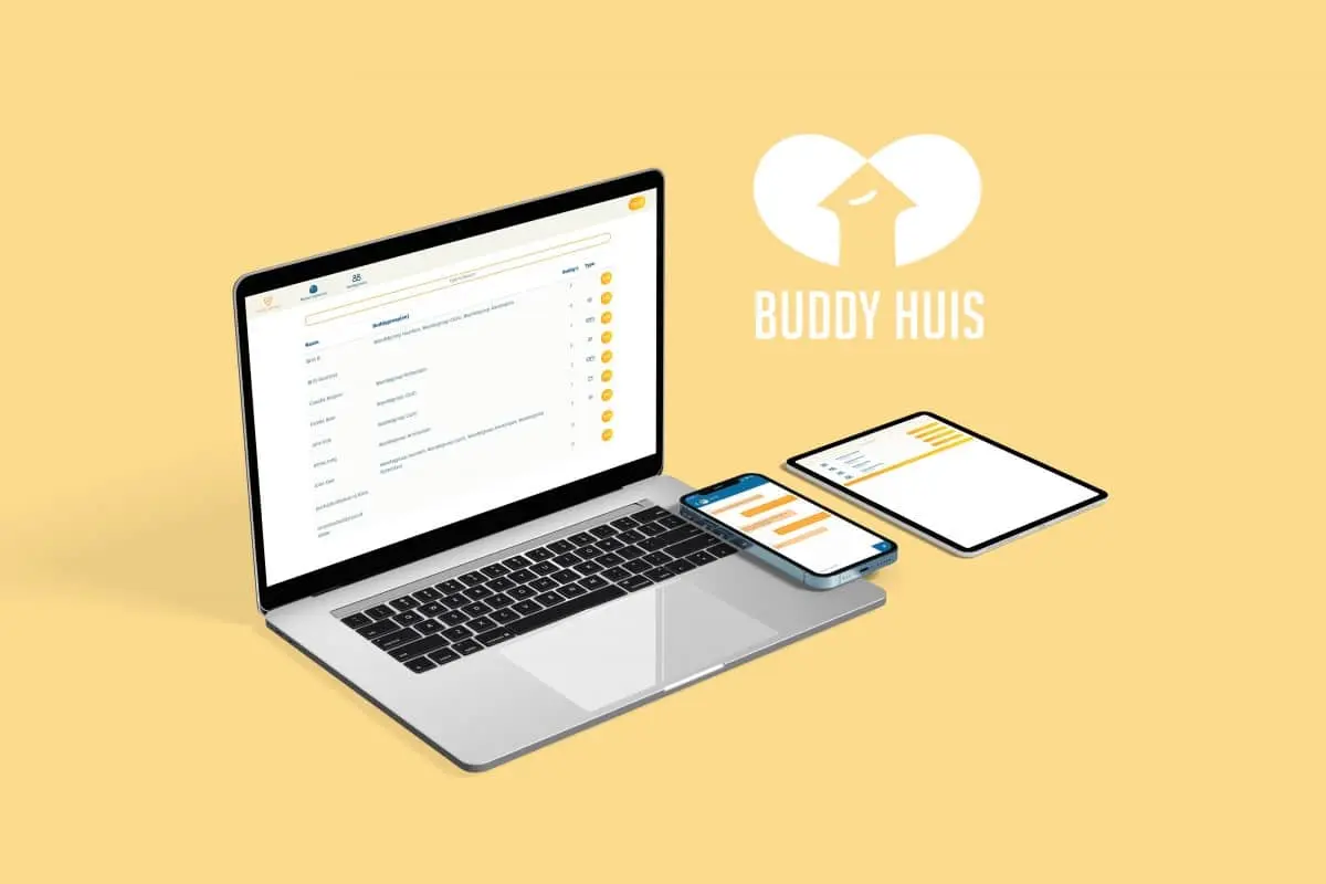 Maquete da aplicação Buddyhuis num portátil e num tablet.
