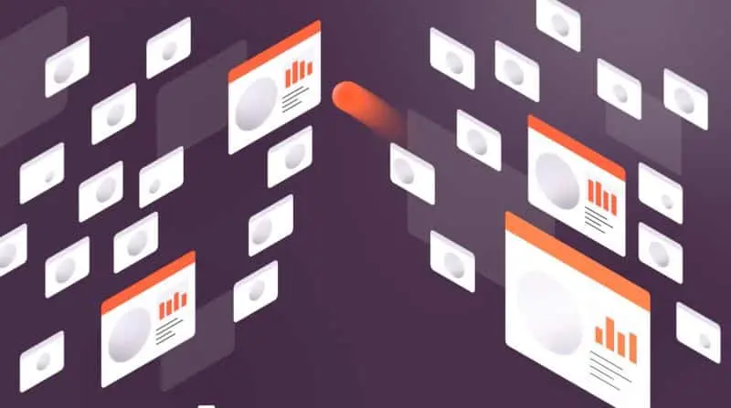 Ilustração de cartões de dashboard flutuantes com gráficos sobre um fundo roxo.