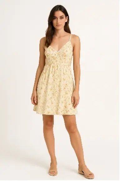 Fotografia de estúdio de uma modelo com um vestido de verão sobre um fundo liso.