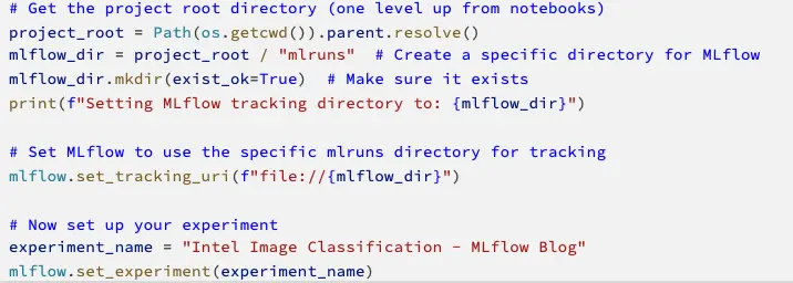 Schermafbeelding van code die de MLflow-map en het experiment instelt.