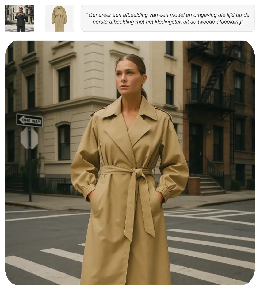 Imagem gerada por IA de uma modelo com uma gabardina na rua, com o prompt utilizado por cima.