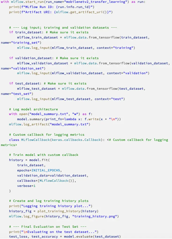 Schermafbeelding van Python-code die metrieken naar MLflow wegschrijft.