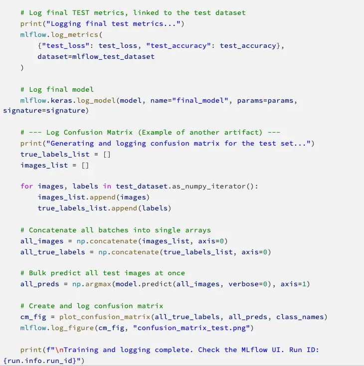 Schermafbeelding van code die de eindmetrieken en een verwarringsmatrix naar MLflow wegschrijft.
