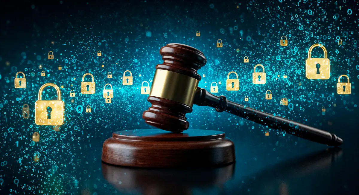 Een rechtershamer omringd door digitale hangslotsymbolen.
