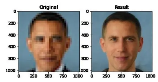 Duas imagens lado a lado: um retrato muito ampliado e pixelizado e o resultado mais nítido.