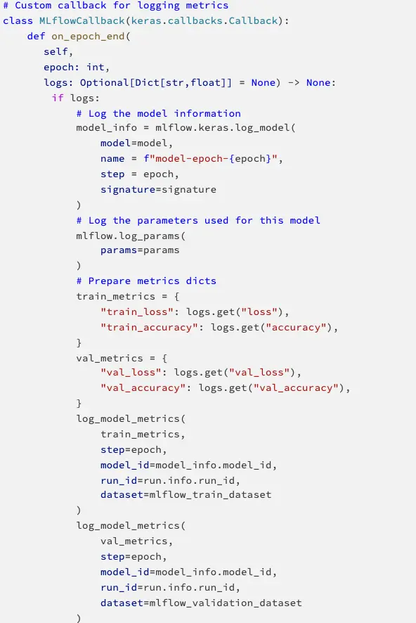 Schermafbeelding van Python-code met een callback die per epoch naar MLflow logt.