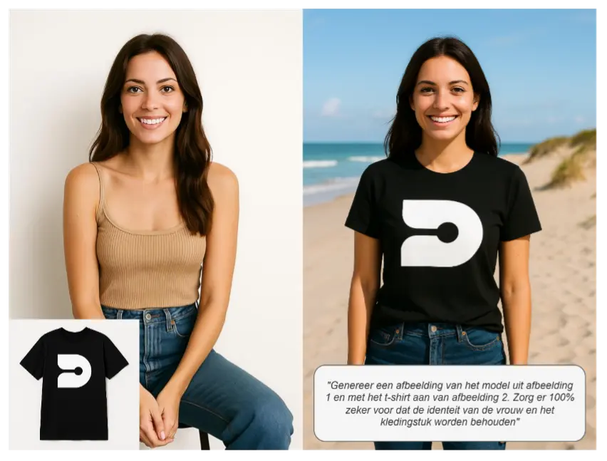 Duas imagens lado a lado: uma modelo com um top e a mesma modelo com uma T-shirt com logótipo, com o prompt utilizado por baixo.
