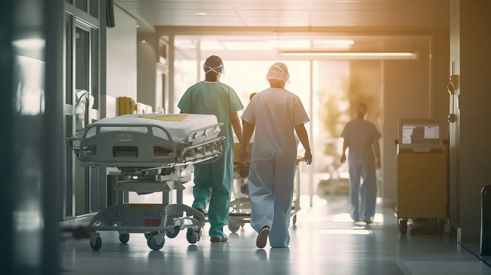 Profissionais de saúde transportam uma cama por um corredor de hospital.