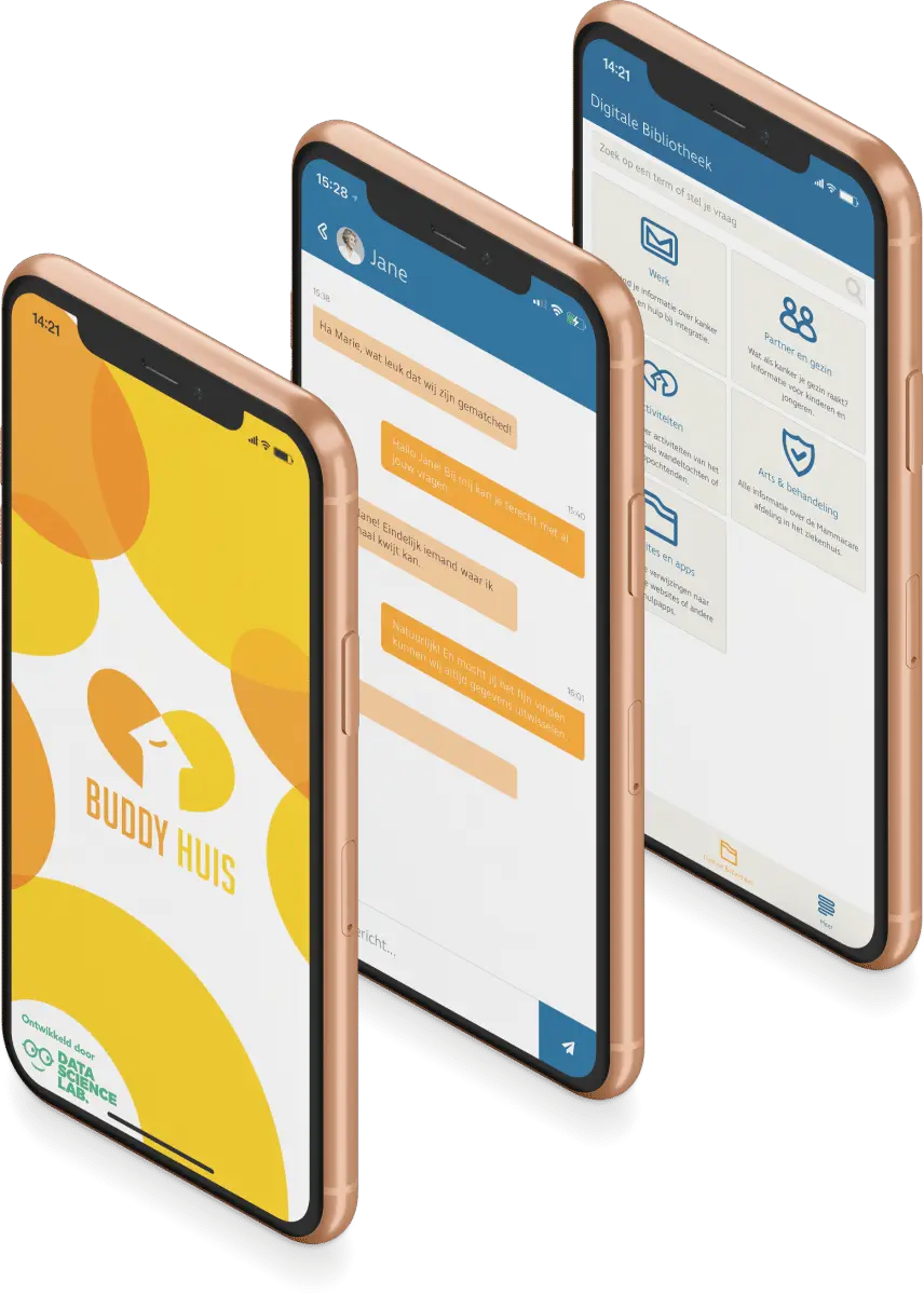 Drie telefoonschermen van de Buddyhuis-app naast elkaar.