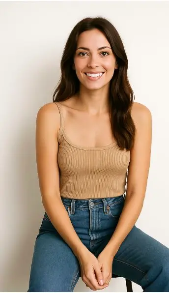 Uma mulher com um top bege está sentada num banco sobre um fundo claro.