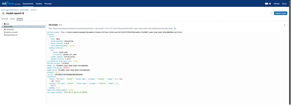 Schermafbeelding van de MLflow-interface met een modelrun.