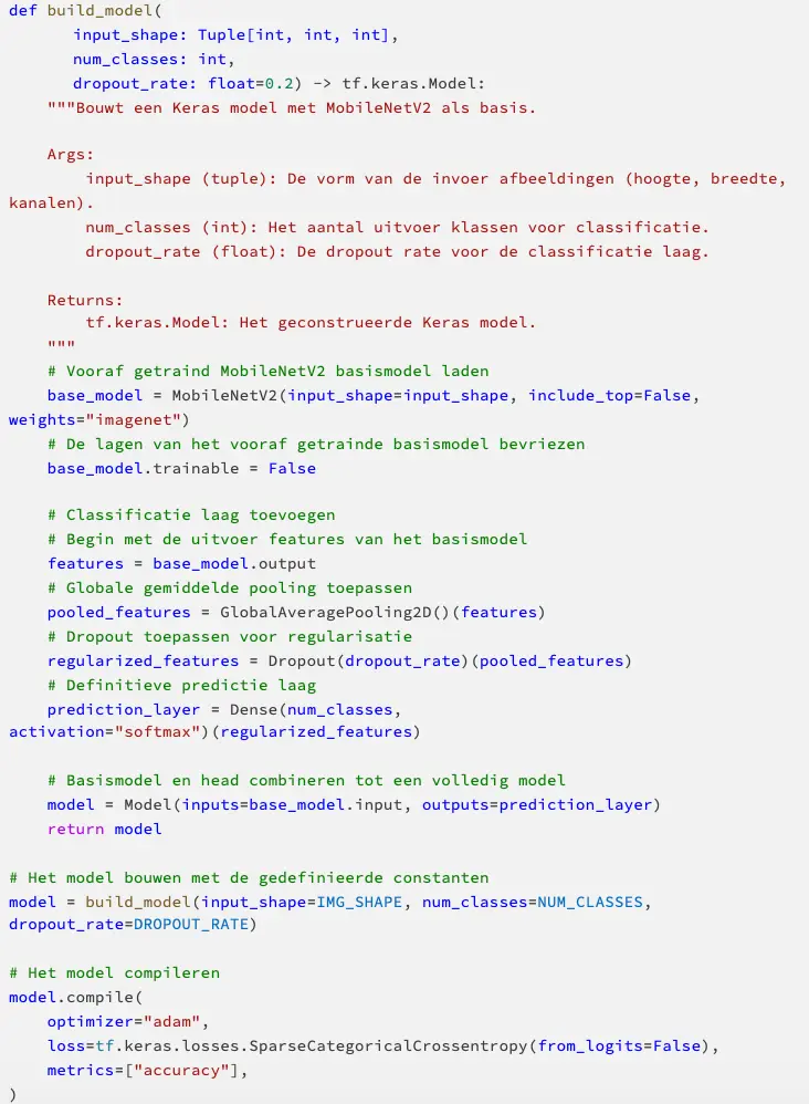 Schermafbeelding van Python-code die een Keras-model opbouwt.