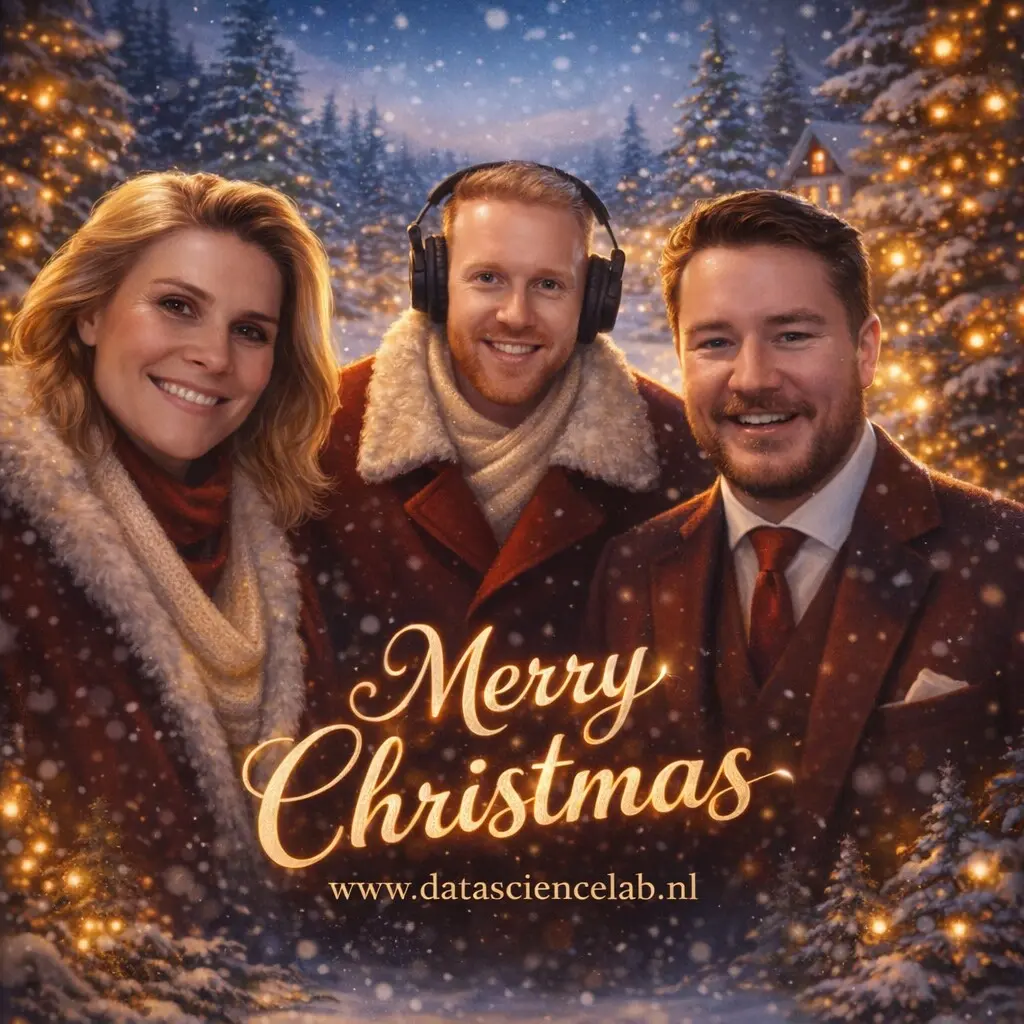 Data Science Lab Christmas card: three colleagues in winter clothes with the text Merry Christmas.