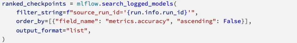 Schermafbeelding van code die modelcheckpoints op nauwkeurigheid rangschikt.