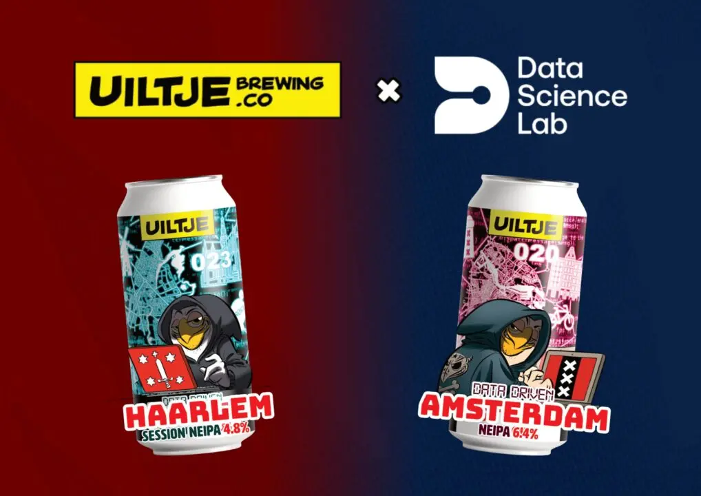 Duas latas de cerveja Uiltje Brewing ao lado dos logótipos da Uiltje e da Data Science Lab.