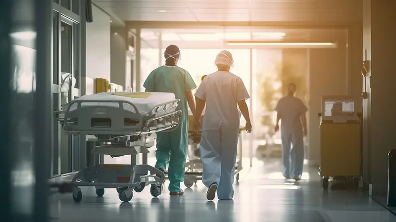 Healthcare workers wheel a bed down a hospital corridor.